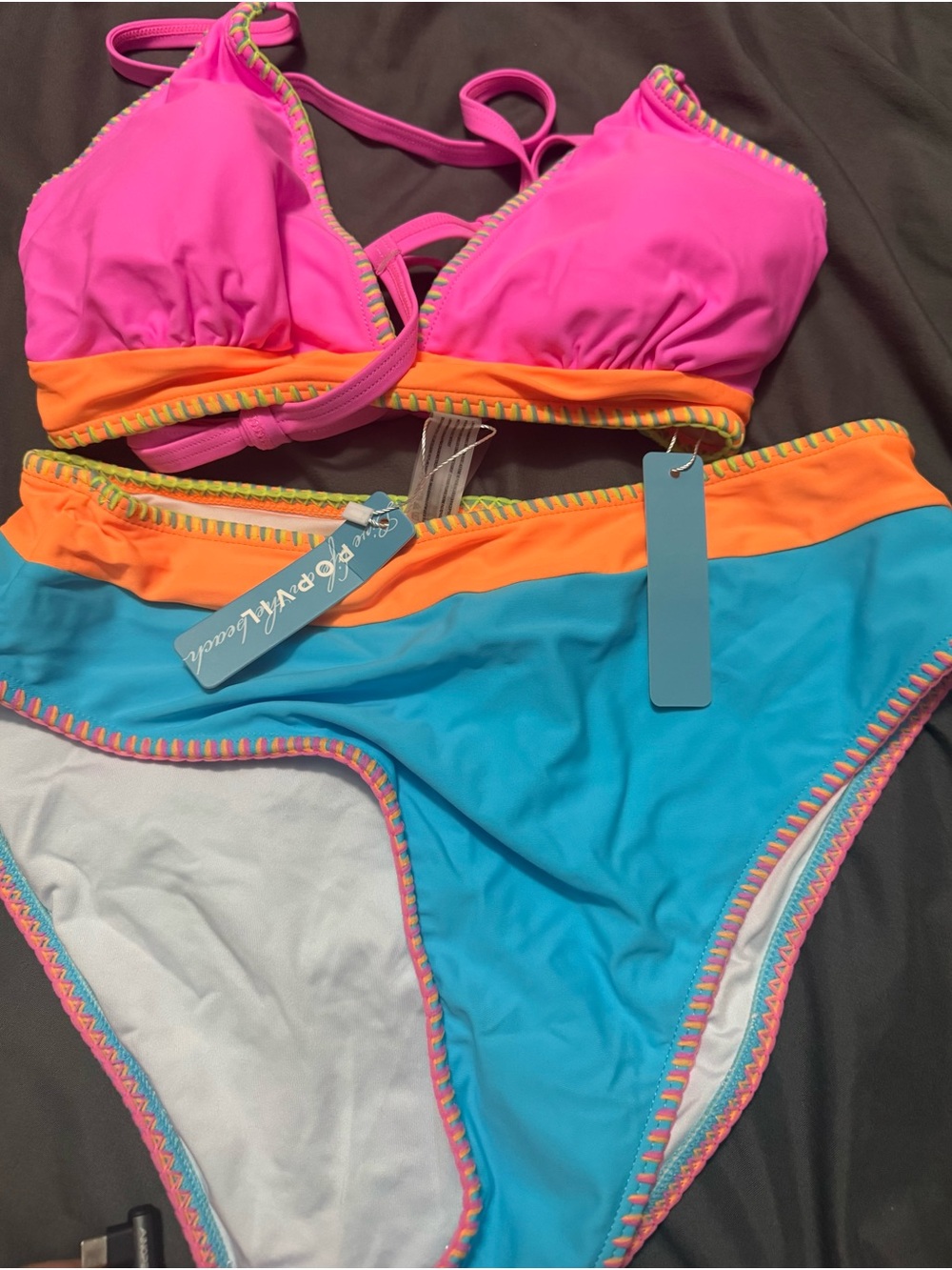 Colorblock Triangle Bikini Set in Pink, Orange & Blue